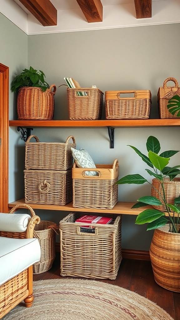 A cozy room featuring wicker baskets on shelves, displaying a variety of items and plants.