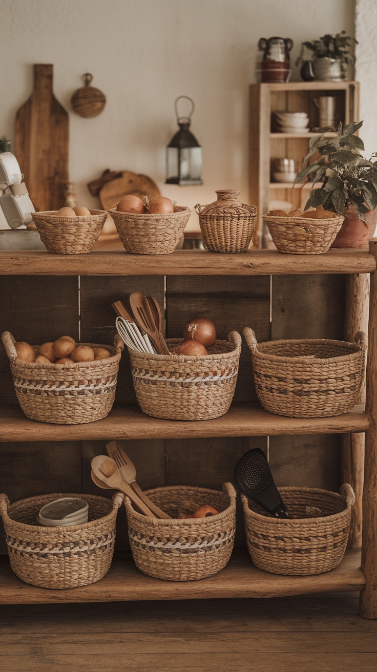 A wooden shelf filled with various woven baskets and kitchen items.