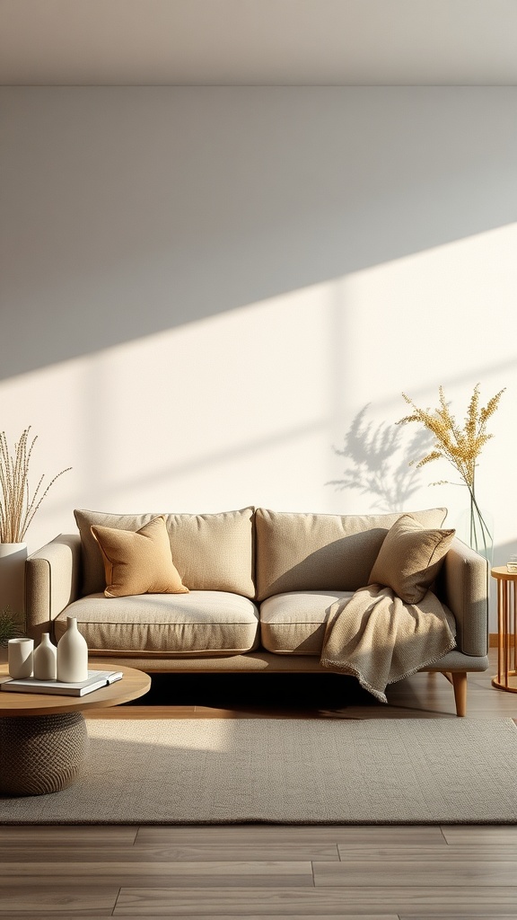 A minimalist living room with a light-colored couch, accent pillows, a cozy throw, and natural decor.