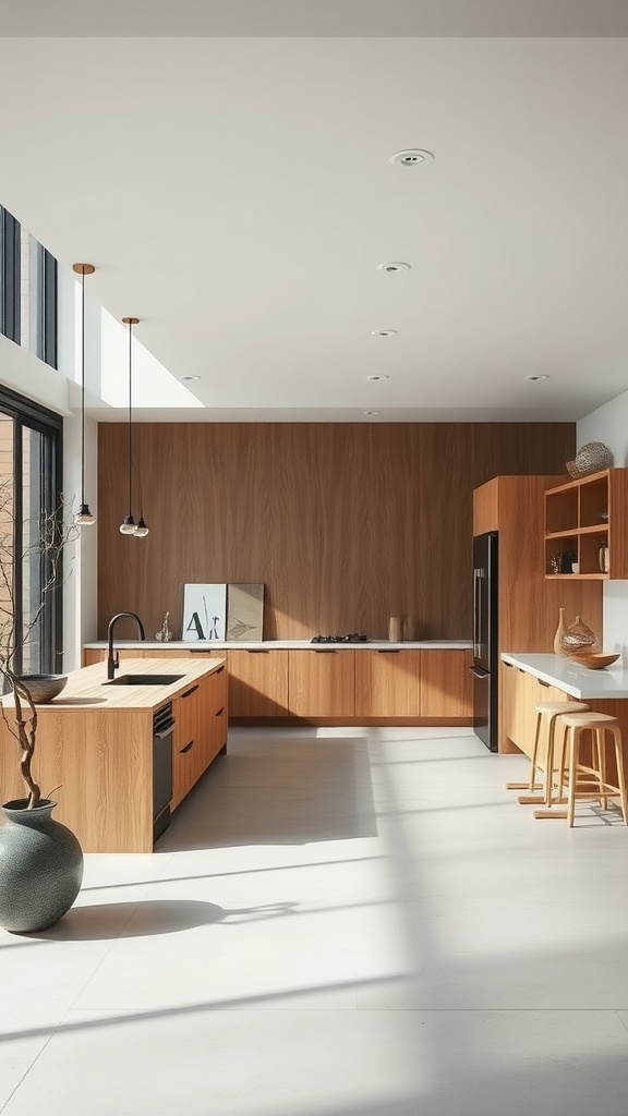 A zen-inspired kitchen featuring natural wood elements, large windows, and minimalistic decor.