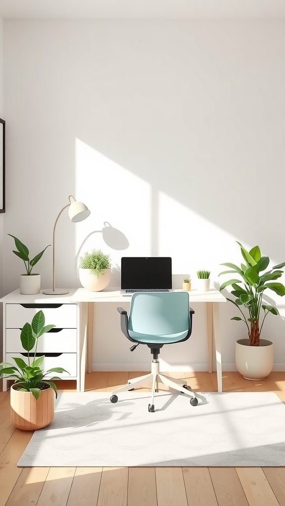 A serene home office corner with a desk, laptop, plants, and a cozy chair.