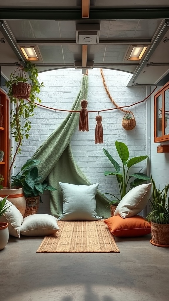 Cozy Zen meditation space with pillows, plants, and a calming rug