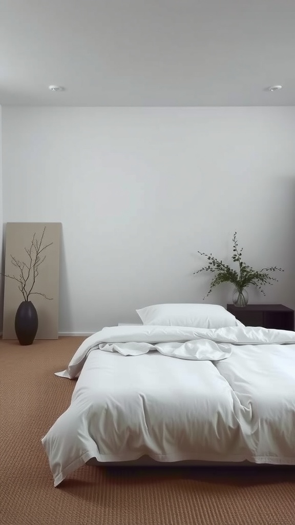 A minimalist bedroom featuring a simple bed with white bedding, a plant, and art.