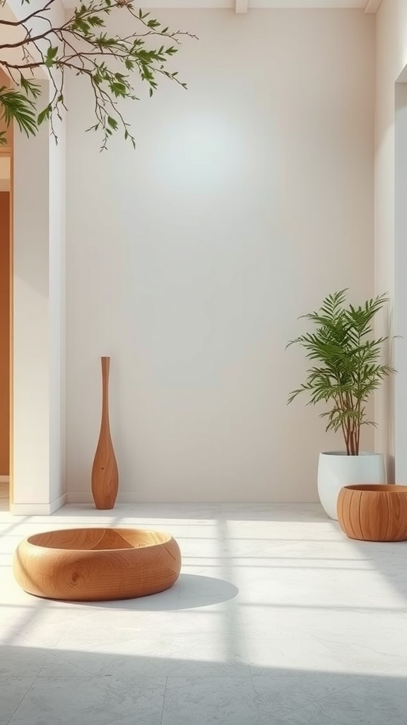 A serene room with wooden decor and plants, filled with natural light.