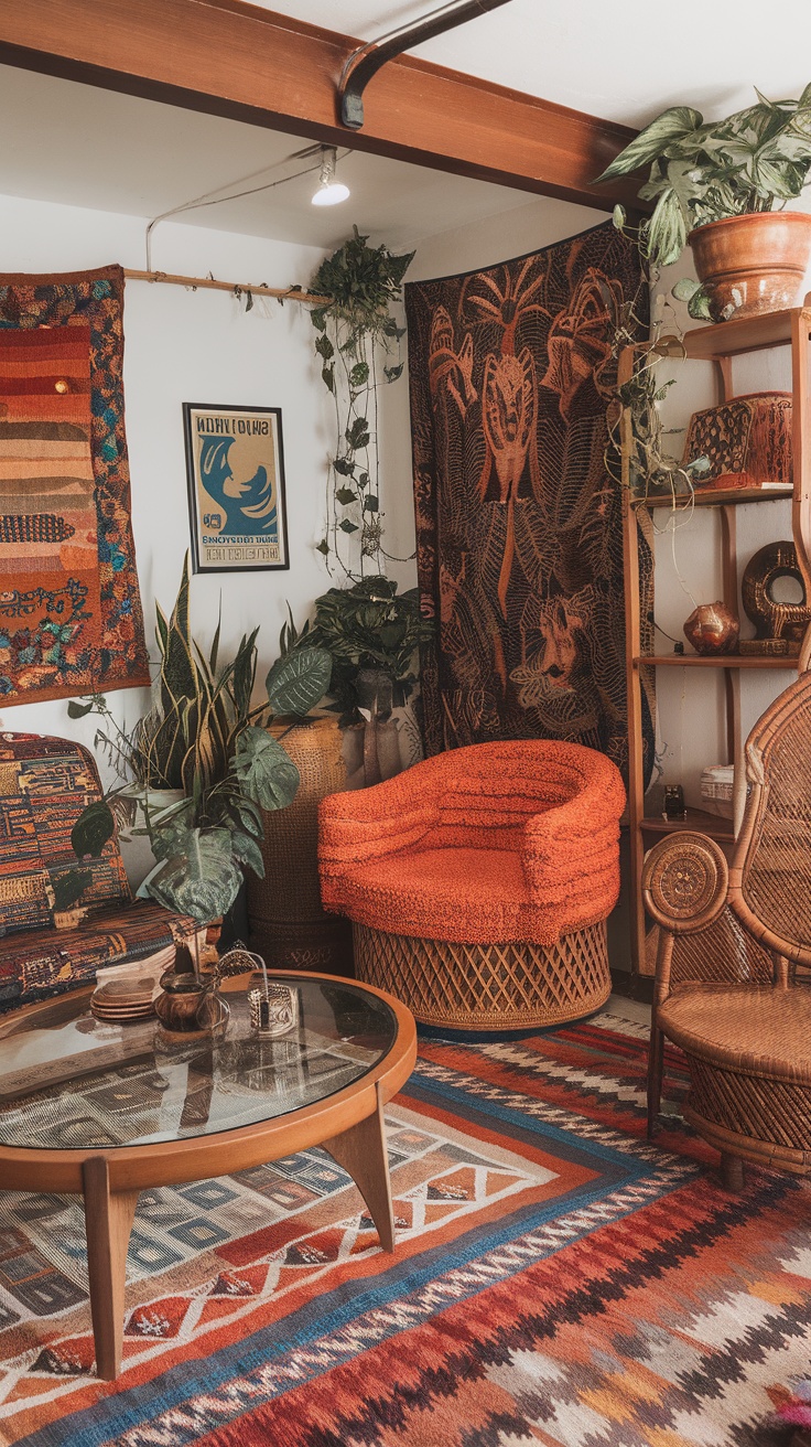 A cozy 1970s inspired living room with colorful upholstery, plants, and vibrant artwork.