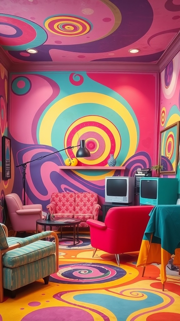 A colorful 70s inspired living room with psychedelic patterns on the walls and floor.