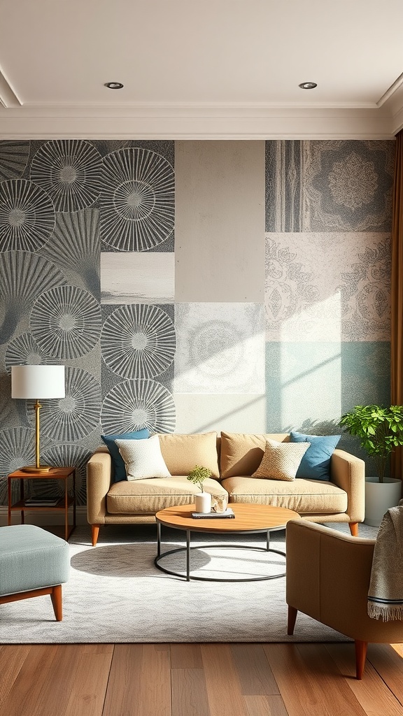 A living room with a stylish accent wall featuring unique patterns and cozy furniture.