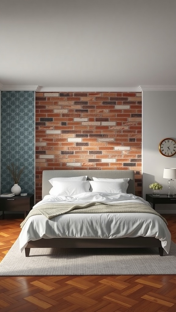 A bedroom featuring an accent wall with a rustic brick design and a patterned wallpaper, adding warmth and character to the space.
