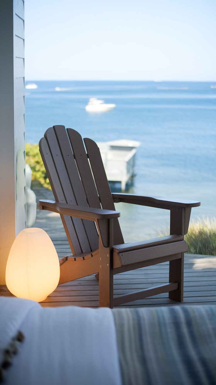 Cozy corner in a coastal bedroom featuring an Adirondack chair, lamp, and potted plant.
