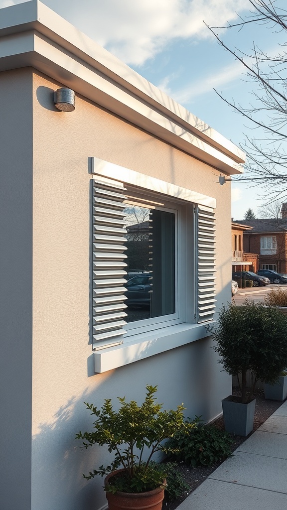 A modern house exterior featuring aluminum window shutters and potted plants.