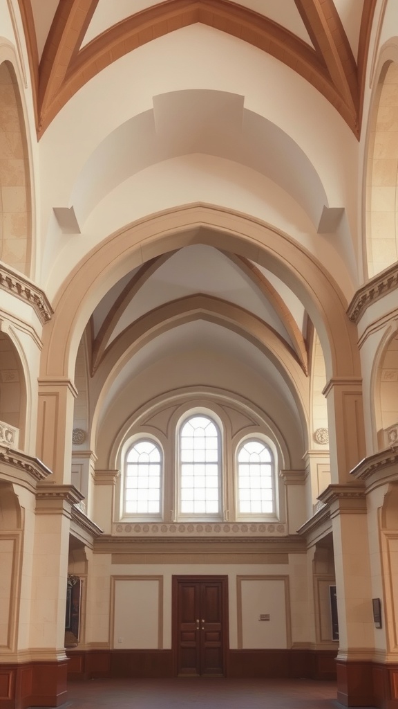 Interior view of a grand architectural space featuring arched ceilings and large windows