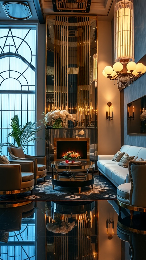 Art Deco inspired interior featuring elegant seating, a stylish fireplace, and bold lighting.