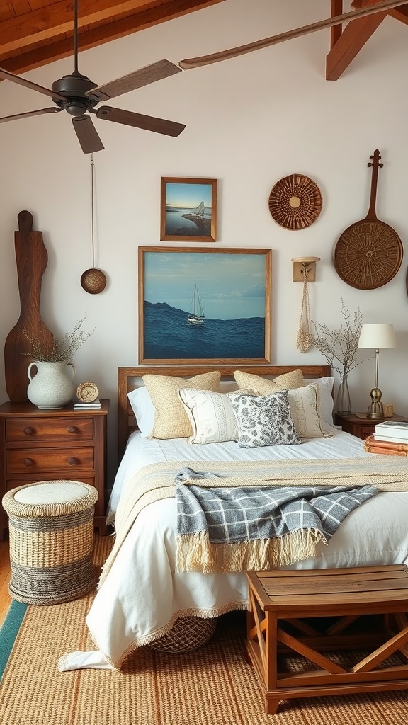Coastal bedroom with artisan crafted decor, featuring wooden furniture, woven baskets, and nautical artwork.