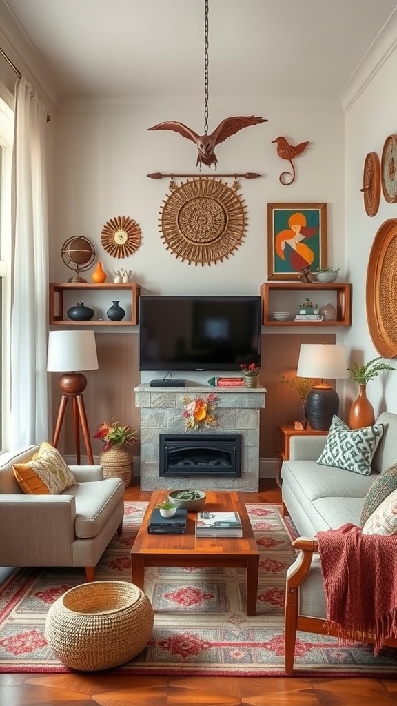 A cozy living room featuring artisan decor elements such as wooden wall art, ceramic vases, and a colorful rug.