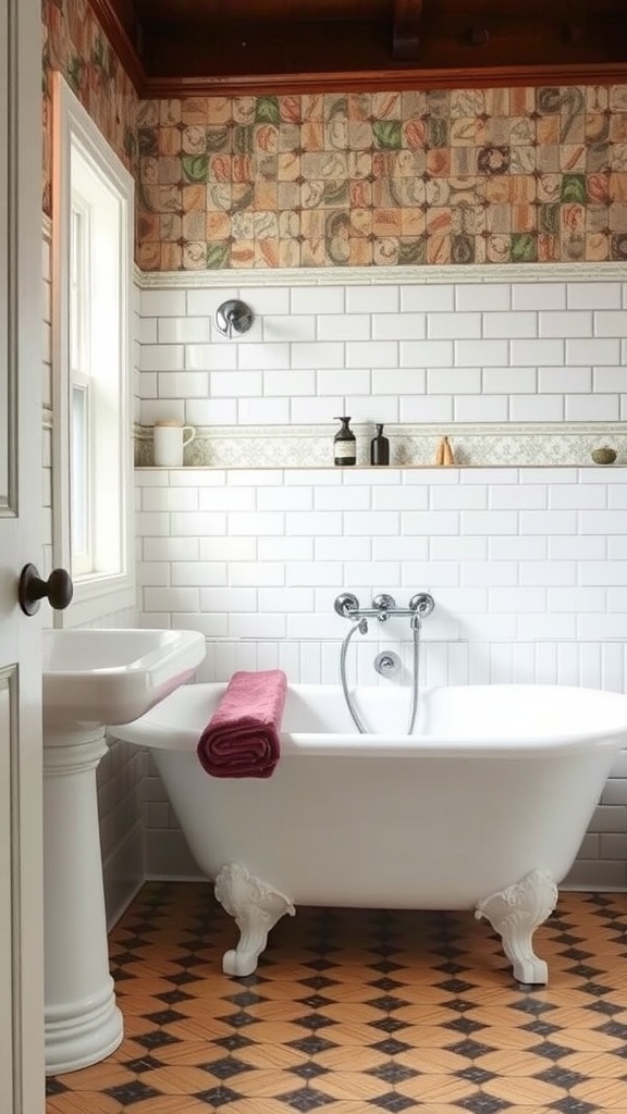 A cozy bathroom featuring artisan tile backdrops, a clawfoot bathtub, and elegant decor.