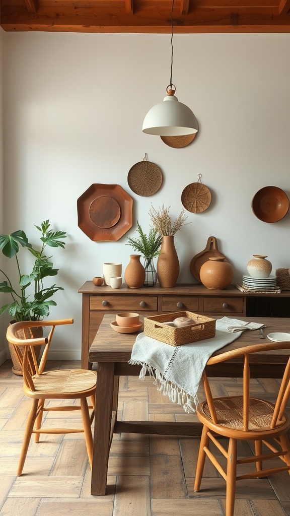 A cozy dining area with wooden furniture, handmade pottery, and woven decor.