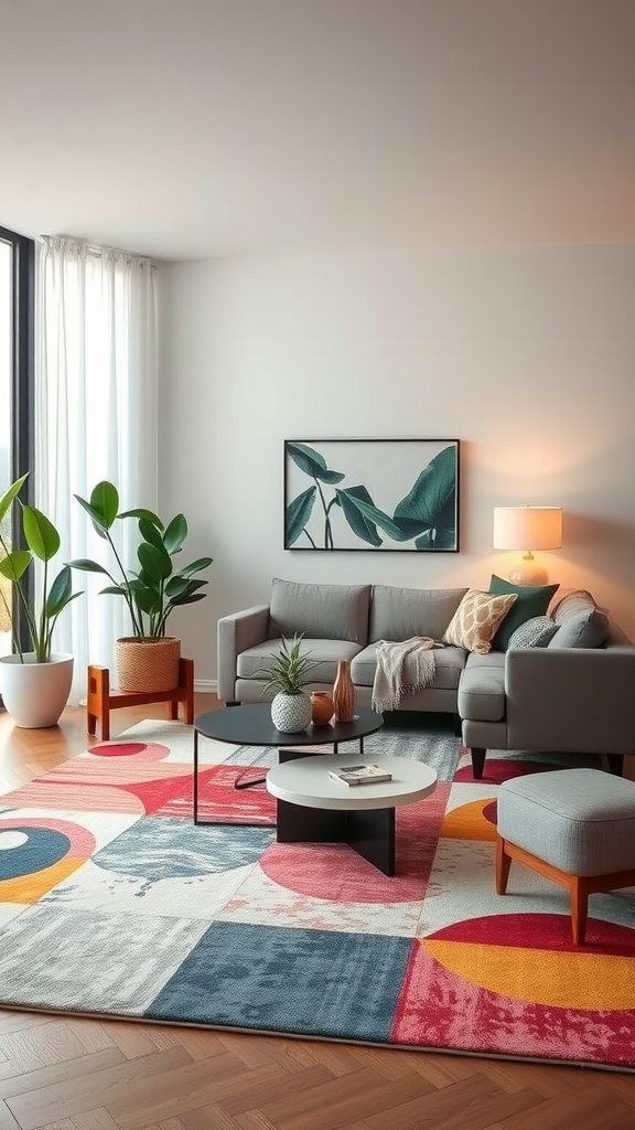 A mid-century modern living room featuring a colorful area rug with bold geometric patterns, a gray sofa, plants, and a coffee table.