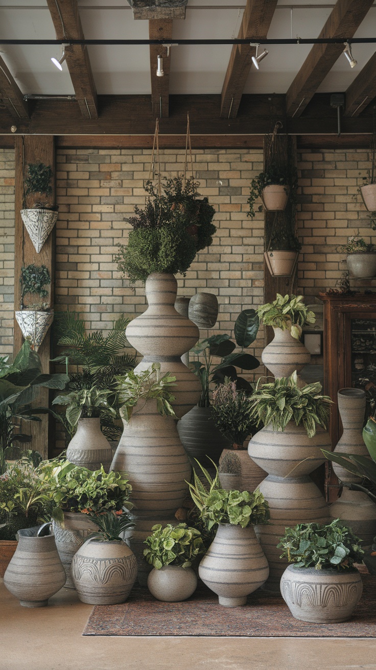 A vibrant collection of various plants in decorative pots showcased indoors.