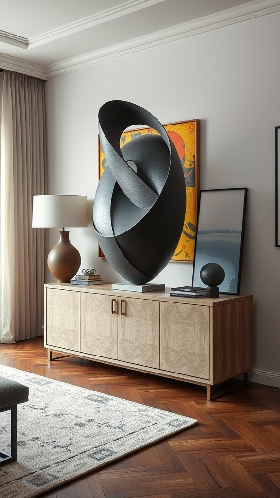 A stylish console table featuring an artistic black sculpture, lamp, and decorative items, set against colorful artwork.