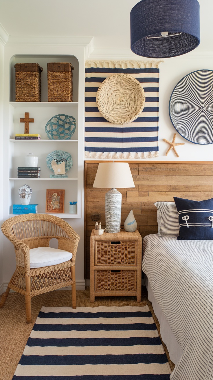 A bright and colorful beach house bedroom with a pink blanket, coastal-themed artwork, and wooden accents.