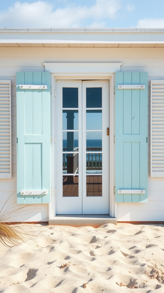Light blue shutters framing a door on a beach house with sandy surroundings.