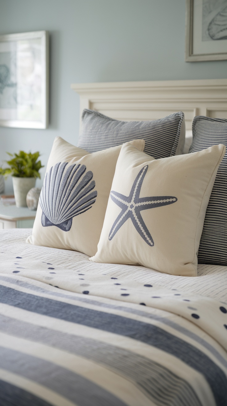 A cozy coastal bedroom setup featuring beach-themed pillows and a warm throw blanket on a bed.