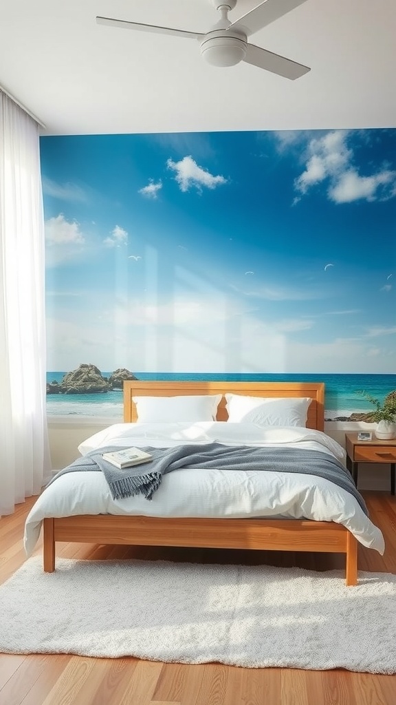 Coastal bedroom with a beach mural depicting a blue sky and ocean waves