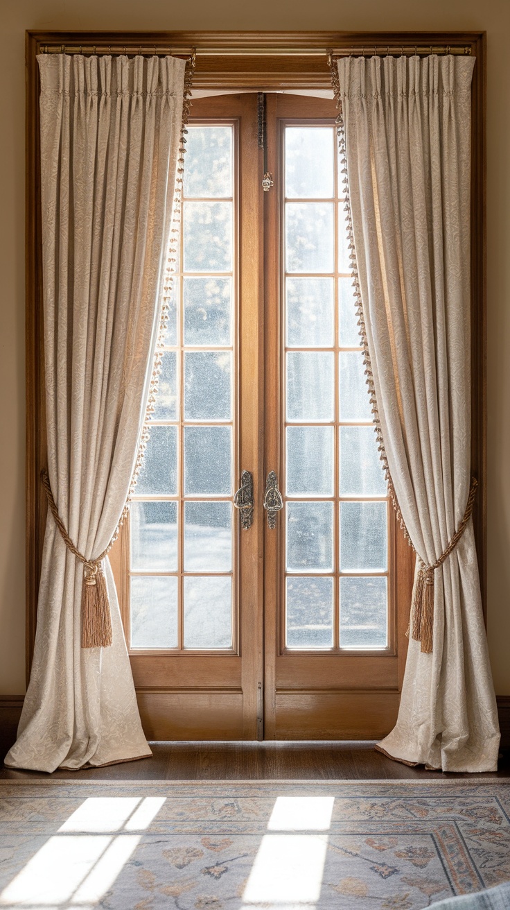 Elegant window treatments for French doors with yellow and navy drapery.