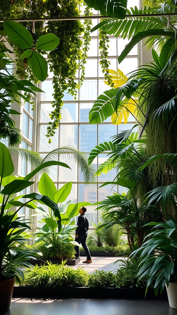 A person walking through a sunlit indoor space filled with various plants and large windows.