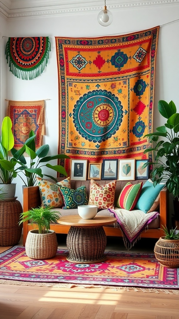 A cozy living room with bright bohemian accents, featuring colorful tapestries, cushions, plants, and a woven rug.