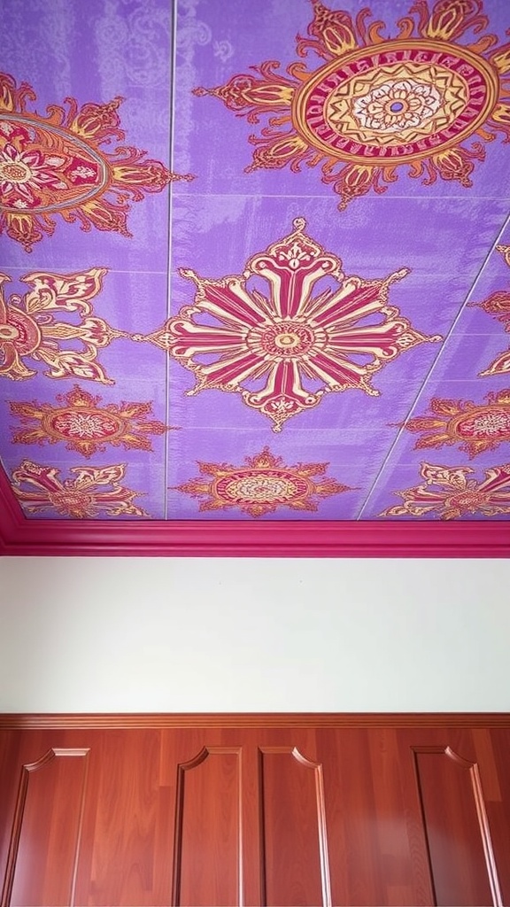 A vibrant purple ceiling with intricate golden patterns and a pink trim
