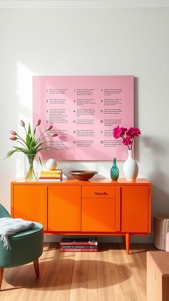 A bright orange console table with a pink wall art piece above it, featuring decorative items and flowers.