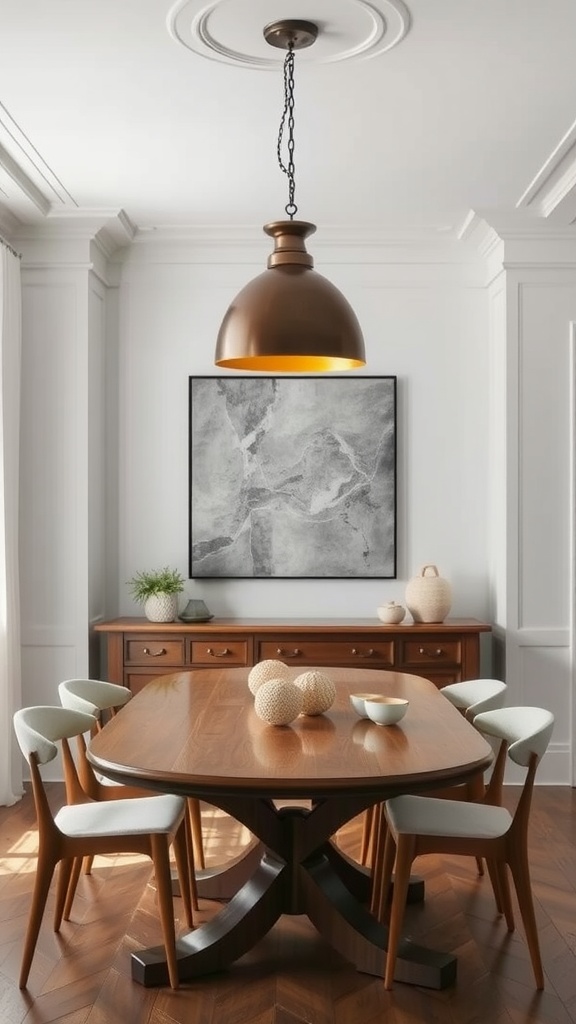 A mid-century modern dining room featuring a bold bronze pendant light above a wooden table surrounded by stylish chairs.