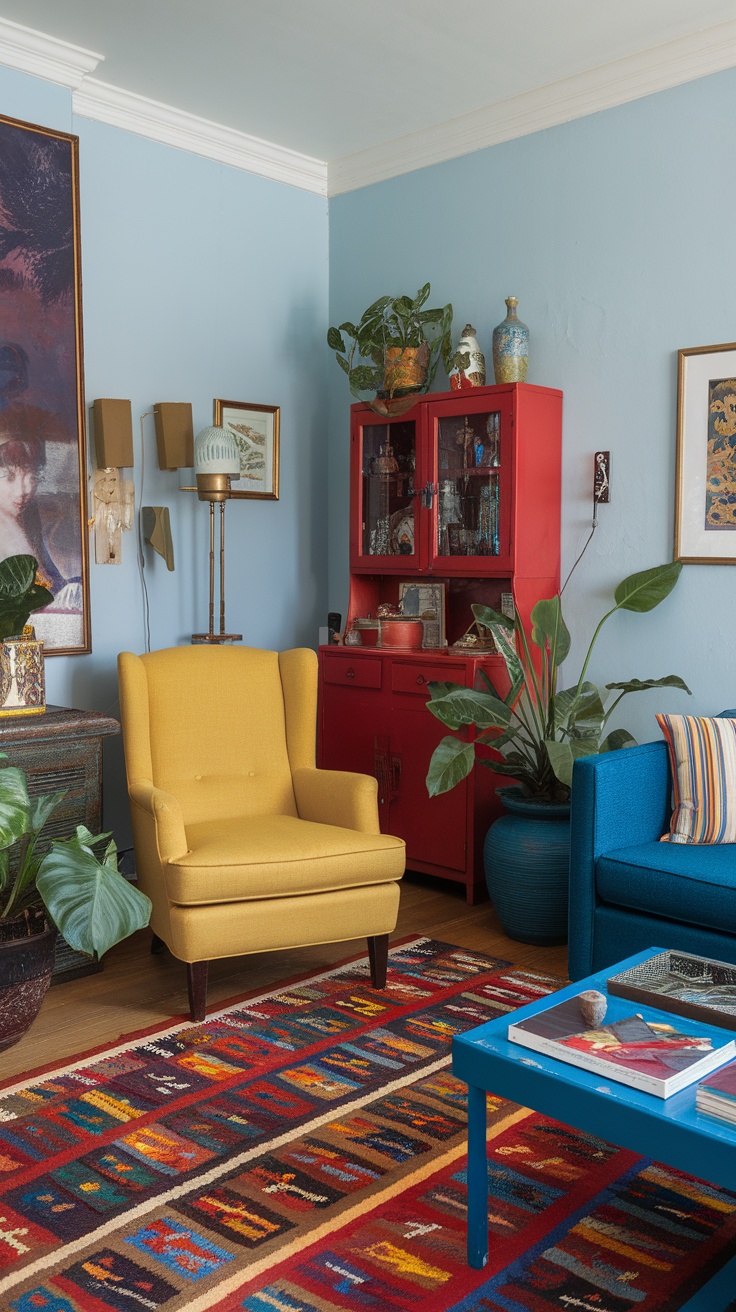 A bright retro-inspired interior with orange walls, green floor, and eclectic furniture.