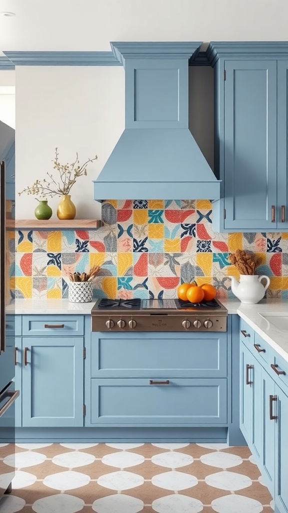 A modern kitchen featuring a colorful tiled backsplash with bold patterns, pale blue cabinetry, and a clean countertop.