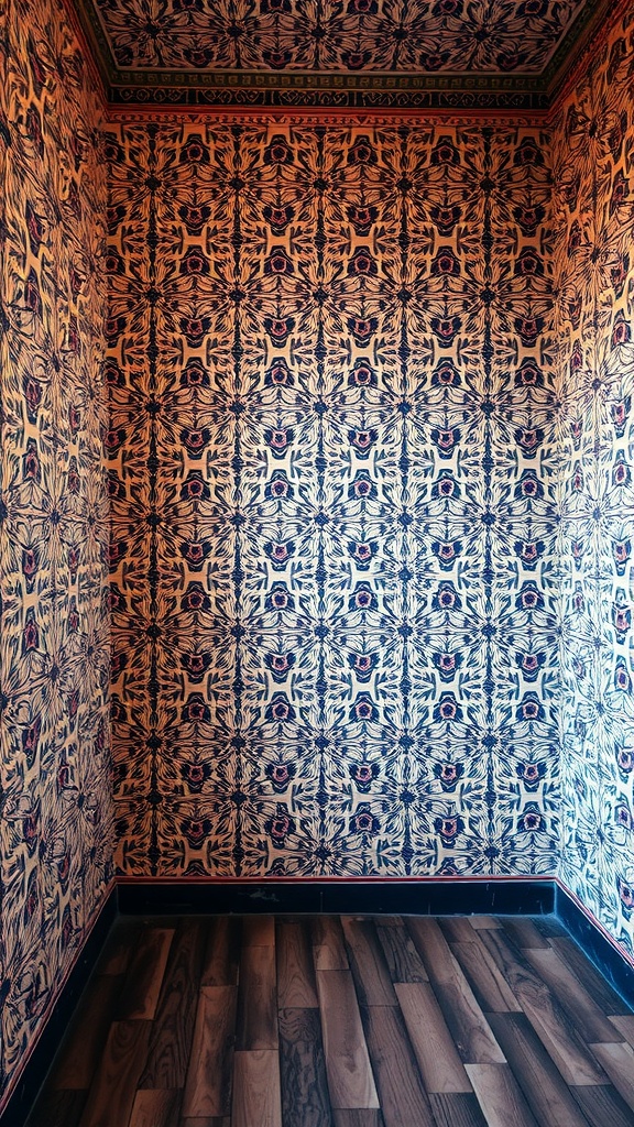 A corner of a room featuring bold, intricate wallpaper with vibrant patterns and wooden flooring.