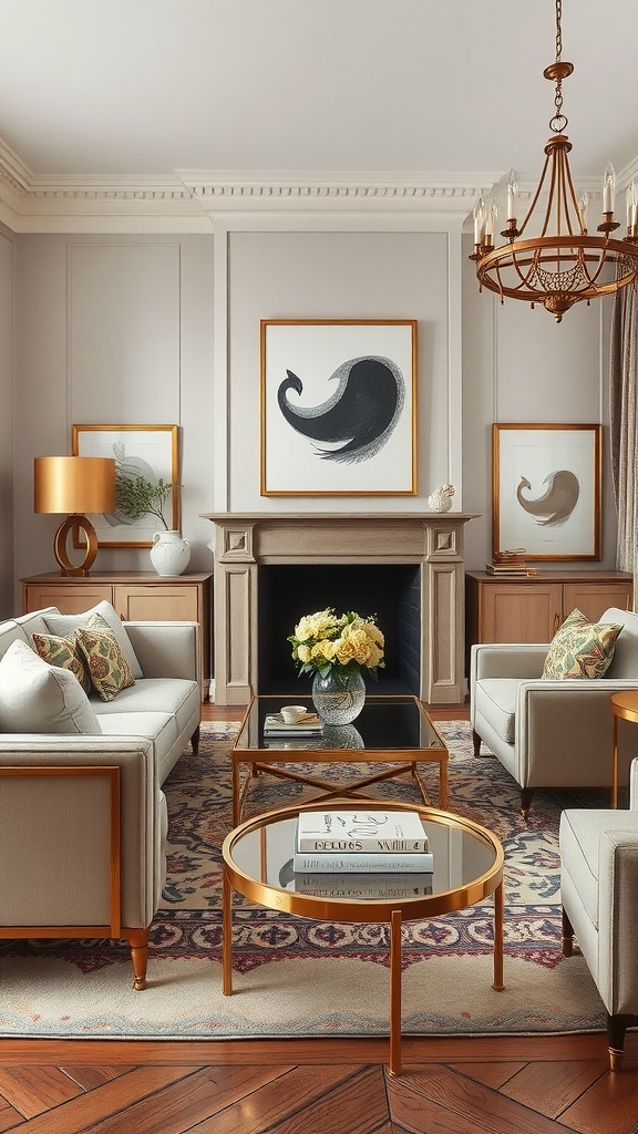 A stylish living room with brass and gold accents, featuring a coffee table, lamp, and framed art.