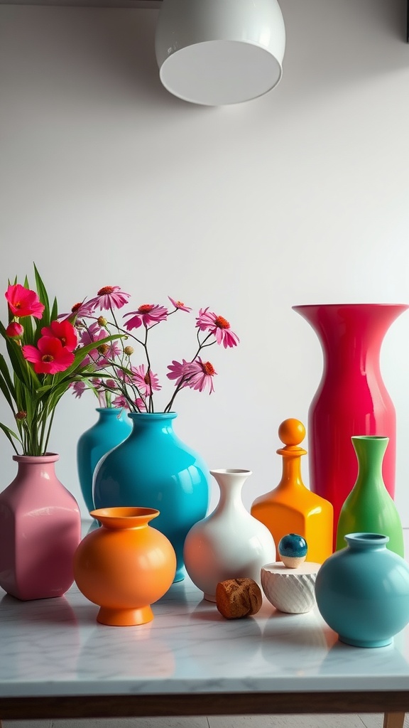 A collection of brightly colored vases in various shapes and flowers, showcasing maximalist design elements.