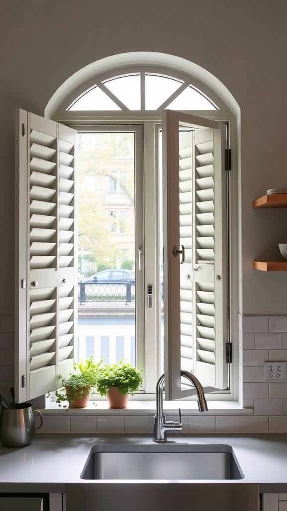 Café style shutters on a kitchen window with plants on the sill