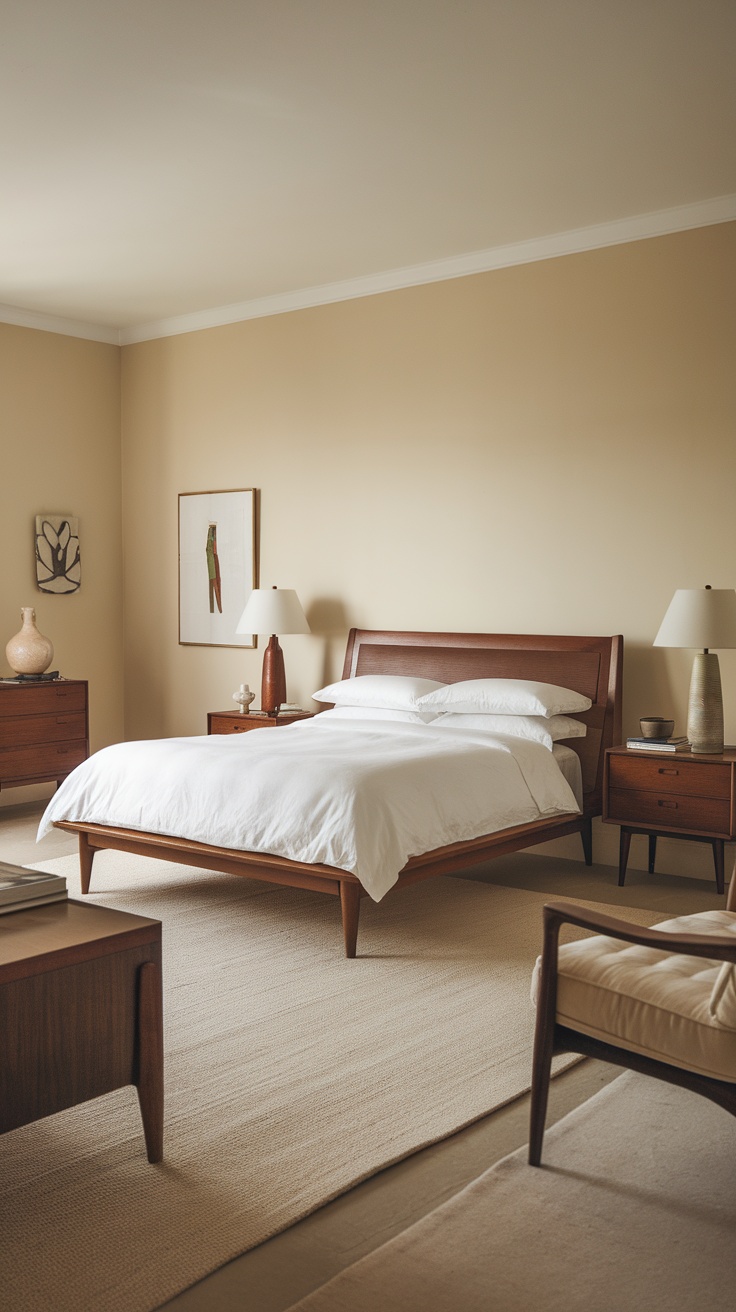 A well-decorated mid-century modern bedroom featuring a wooden bed frame, white bedding, a stylish lamp, and decorative artwork.