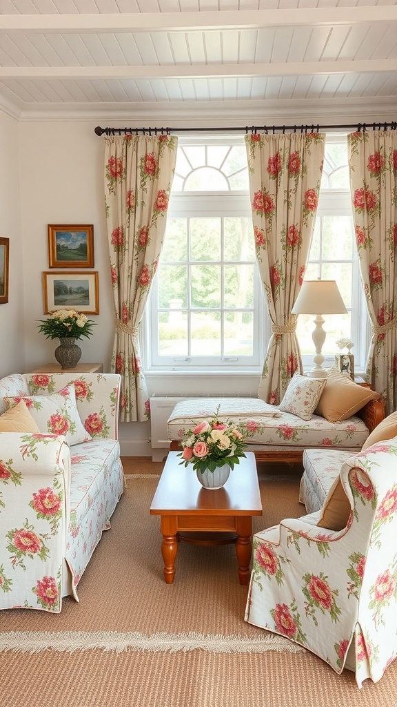 A cozy living room featuring floral patterned furniture and curtains, with a wooden coffee table and floral centerpiece.