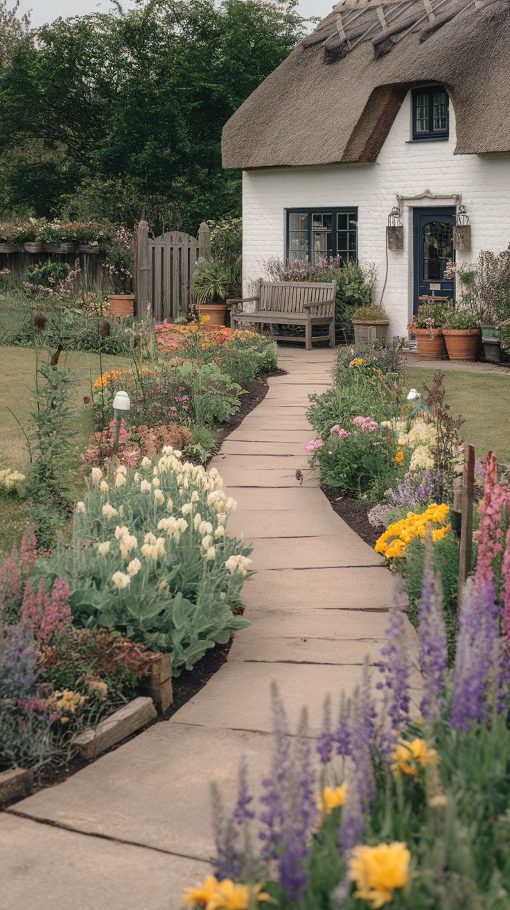 A charming garden path made of stone slabs, surrounded by colorful flowers leading to a cottage-style home.