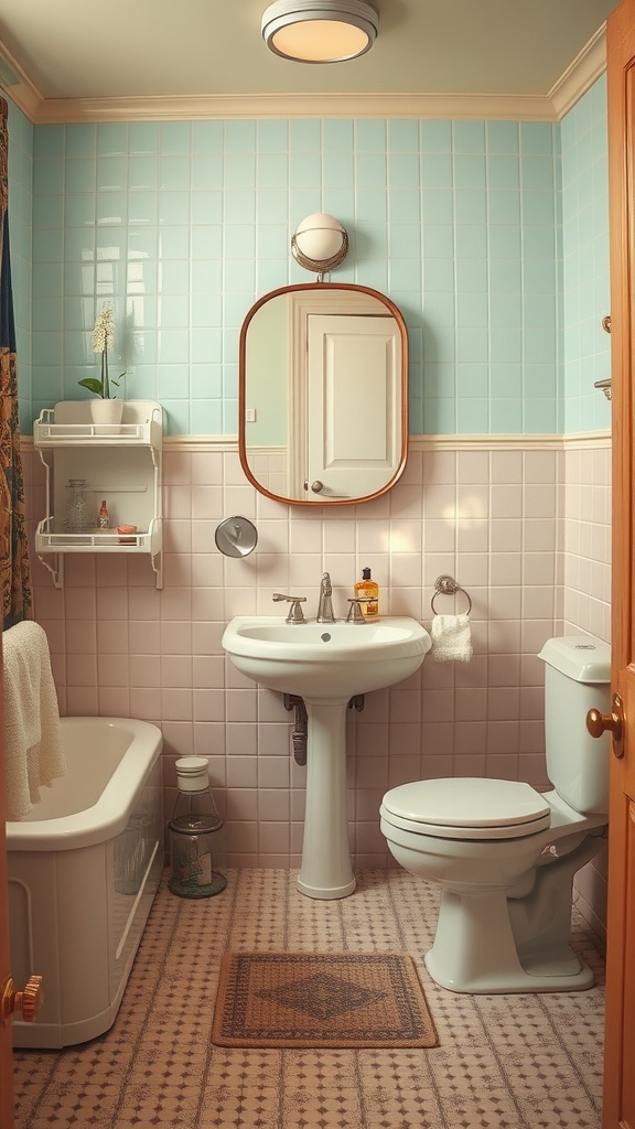 Charming retro bathroom with blue and pink tiles, vintage fixtures, and cozy decor.