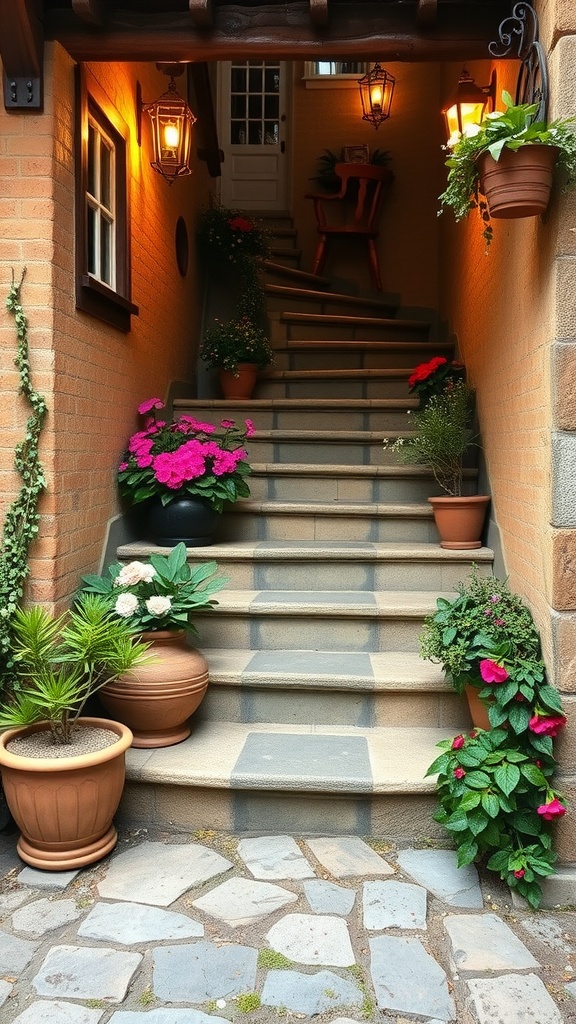 Charming staircase leading into a cottage, adorned with flowers and warm lanterns.