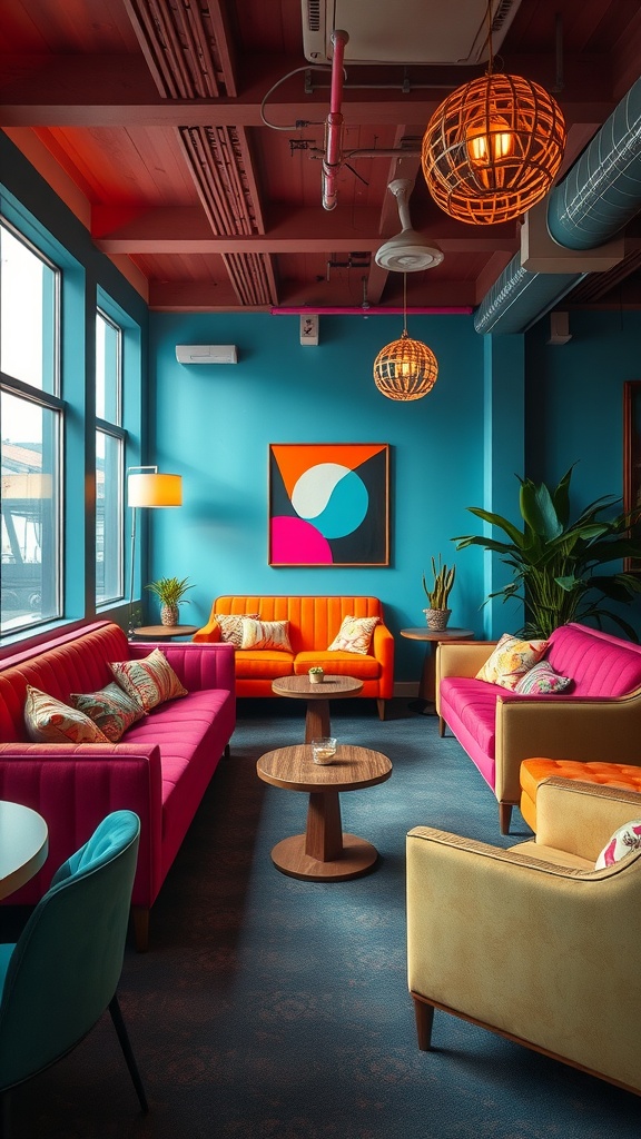 A vibrant 60s-inspired lounge area featuring colorful sofas, modern art, and warm lighting.