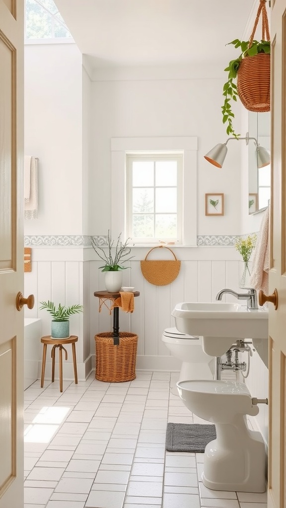 A bright and airy cottage-style bathroom with wooden accents and plants.