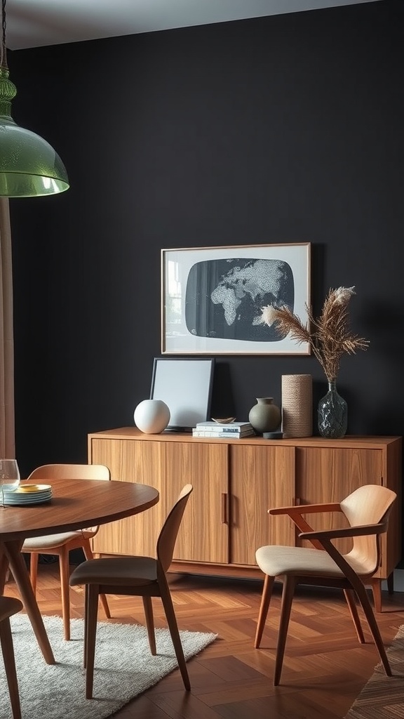 A chic mid-century modern credenza against a dark wall, with a round dining table and stylish chairs.