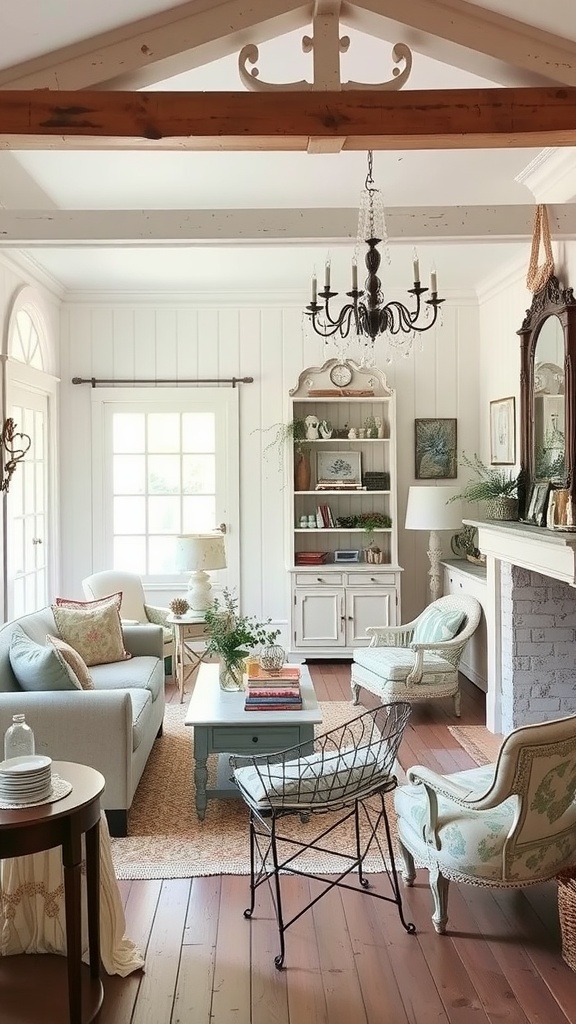 A cozy living room featuring shabby chic decor with soft colors, vintage furniture, and a charming chandelier.