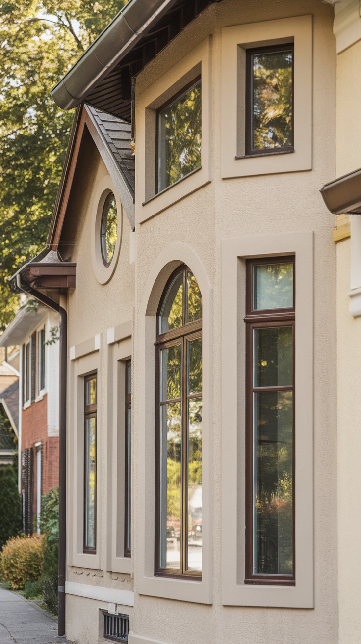 A combination of window styles on a house, featuring a narrow top window and a larger bottom window with shutters.