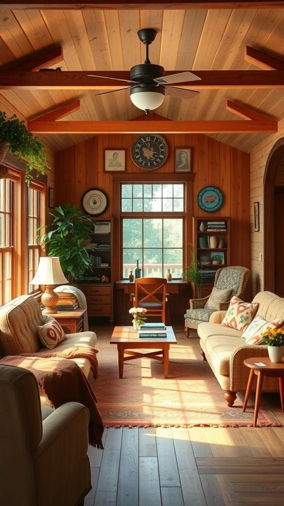Cozy living room with wooden paneling and furniture in Classic American Ranch style.